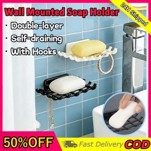 Durable Double-layer Wall Mounted Soap Holder Self-adhesive No-Punching Self Draining Soap Dish