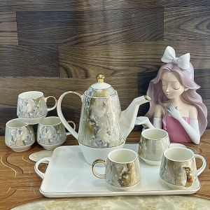 Bộ ấm chén bình trà cao cấp men vân đá viền mạ vàng 18k sang trọng