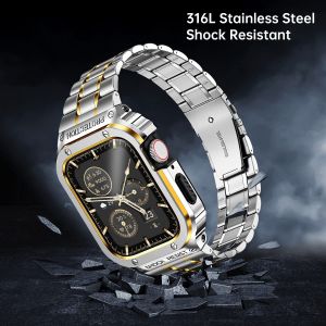 Compatible for Apple Watch ultra 2 49mm Series 9 8 7 6 5 4 SE strap Band 44mm 45mm Stainless Steel Watch Band with Case Rugged Strap with Metal Protective Bumper Cover