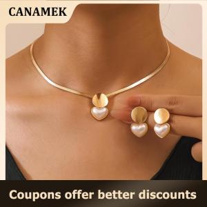 【 CANAMEK 】 2Pcs Minimalist Creative Heart-shaped Pendant Snake Chain Necklace Earrings Sets For Women Jewelry