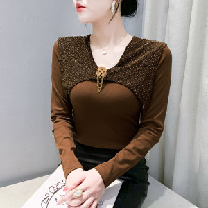 Yimei đẹp Rhinestone Áo Phông Cổ chữ V với khí chất dài tay của phụ nữ tuổi giảm đồ trang trí cá tính màu đỏ bông hàng đầu ôm gọn phong cách và cơ bản dành cho người mảnh khảnh áo nhỏ