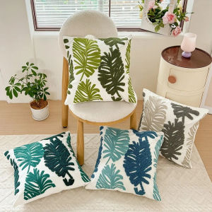【In stock】45x45cm American 3D Leaf Towel Embroidered Cushion Cover 45x45cm Cotton Canvas Pillow Case Modern Luxury Sofa Decor Vintage Home Accents