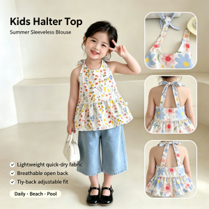 AILEBE Kids Hanging Neck Top Halter Sando With Tie-Back Open Back Soft Breathable Quick-Dry Fabric Summer Top Lightweight Comfy Sleeveless For Girls Perfect For Beach Pool Daily OOTD Pambahay Ages 1-9 Years