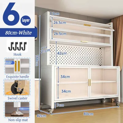 Kitchen Storage Cabinet with Pull-Out Doors & Wheels Dustproof Storage Cabinet Carbon Enclosed Rack Organizer