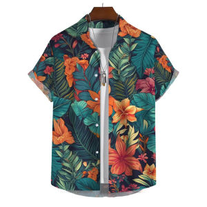 Hawaiian Shirt For Men’s Floral Leaves Printed Casual Cardigan Short Sleeve Shirt Men（Tropical style）