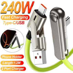 240W Fast Charging USB Type C Cable with Invisible Phone Holder Charger Cable USB-A To Type-C Double Head Stand for Home Car