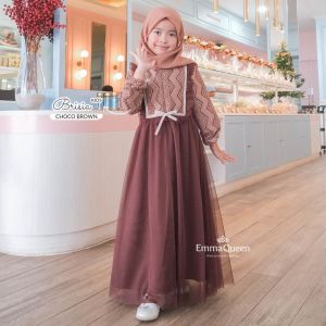 EmmaQueen - Dress Brisia Kids Gamis Anak Perempuan Kondangan Simple Elegan Cotton Tile Kombin Brukat XS/XXL Wudhu Friendly Resleting Depan Karet Pinggang