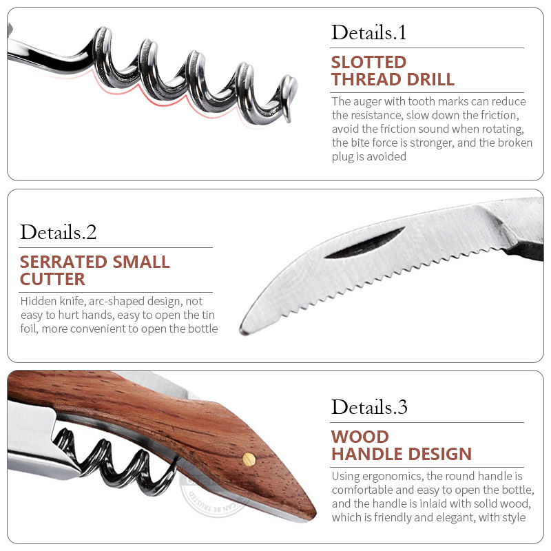 Onetwone Wood Handle Professional Waiter Corkscrew With PU Storage Bag, Stainless Steel Multifunctional Wine Opener & Foil Cutter
_voghion.com