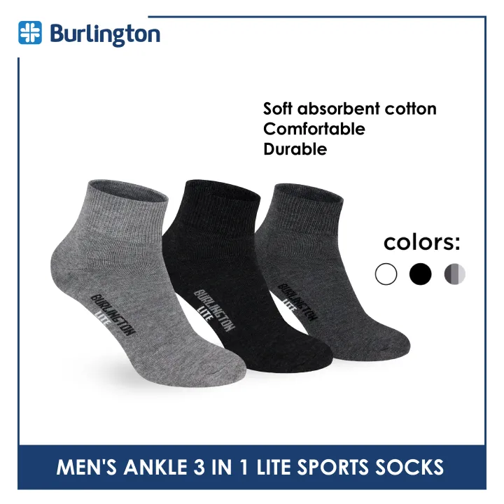 Burlington Men's Cotton Lite Sports Half Terry Performance Ankle Socks 3 pairs in a pack BML-222 | Lazada Philippines