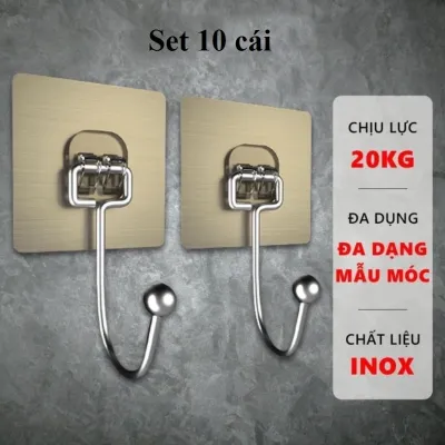 Combo 5 Móc treo đồ dán tường inox 304 Số 7 D200 và Set 10 Móc dán tường chịu lực 20kg màu vàng. LMS