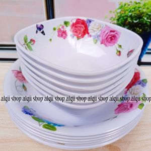 PROMO 8PCS PAKET HEMAT MELAMIN MOTIF ASLI 4PCS PIRING DAN 4PCS MANGKUK DIAMETER PIRING 22CM / PIRING MAKAN / MANGKUK BAKSO