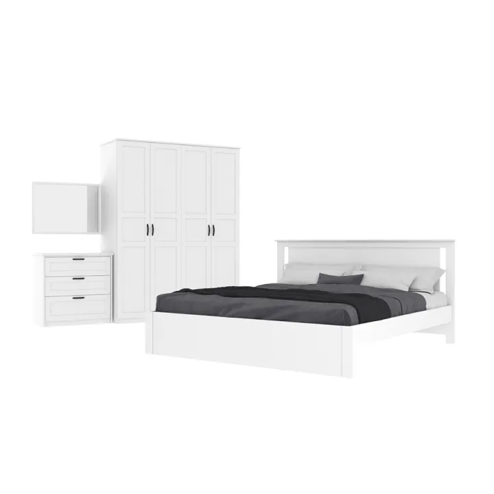 ชุดห้องนอน INDEX LIVING MALL  รุ่นโรม ขนาด 6 ฟุต (เตียง, ตู้เสื้อผ้า 4 บาน, ตู้ 3 ลิ้นชัก, กระจกเงา) - สีขาว