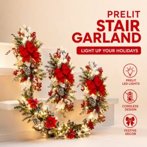 Led Prelit Christmas Garland Wreath Artificial Pine Greenery Battery Operated Warm Light Indoor Outdoor Door Mantel Stair Decor
