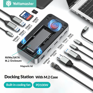 【รุ่นอัพเกรด】Yottamaster 10Gbps USB C Hub พร้อม M.2 SSD Enclosure 10-in-1 USB C Docking Station USB 3.2 Gen2 4K60Hz HDMI PD100W SD TF 3.0 ช่องเสียบการ์ดพอร์ตGigabit Ethernetพร้อมพัดลม
