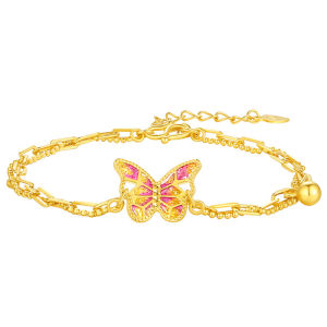 CTS 925 Silver Gold Plated Enamel Pink Butterfly Bracelet for Women Light Luxury Jewelry CHOW TAI SENG 周大生 S0HC0143