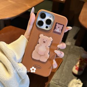 MrHaHa Jelly Cat Doll Leather Case For Samsung S24 Ultra S23FE S23 Ultra A11 A12 A13 A14 A15 A22 A32 A52 A72 A23 A33 A53 A73 A34 A24 A35 A55 A03 A04 A06 A16 A20 A30 A21 A30 4G 5G Cartoon Cute Bear Colorful Simple Retro Style Leather Cases
