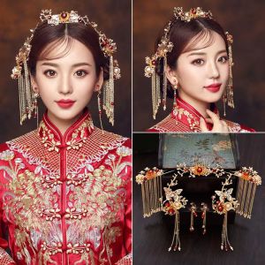 Perhiasan Rambut Tradisional Tiongkok Emas Set Lengkap - Kancing Rambut Berumbai Panjang & Mahkota untuk Pengantin Wanita Cocok untuk Pakaian Pengantin Tradisional Cina Gaya Xiùhéfú