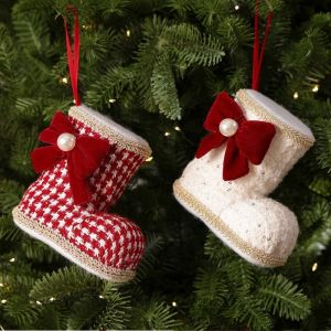 FOUNDTWO Bowknot Christmas Boots Pendant Grid Pattern Elegant Xmas Tree Hanging Pendant Winter Decorations Cute Christmas Shoes Ornament New Year Decor