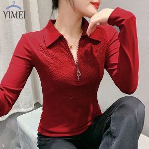 YIMEI Diamond Zipper Lapel Womens Red Top Elastic Slim Fit Age Reducing Fashion Lace Panel Cotton Beauty T-shirt