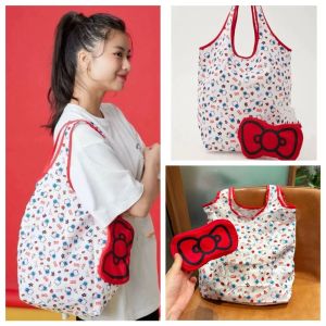 SELENAAL Kitty Cat Folding Shopping Bag Cartoon Nylon Handbag Bow Storage Bag Reusable Eco-Friendly Eco friendly Bag Shopping