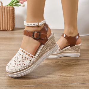 [Free Shipping] Plus-Size Open-Toe Sandals With Side Cutouts Summer Ready-To-Wear Single-Strap Buckle Design Backless Wedge Heel WomenS Sandals