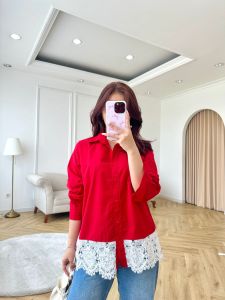 NANDO ATASAN KEMEJA WANITA BAHAN KATUN POPLIN KOMBINASI BROKAT IMPORT BKK OVERSIZED SHIRT