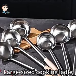 49cm/51cm Wooden Handle Extended Anti-Scald Ladle Universal for Home & Commercial Canteens  Large Diameter Integrated Spoon