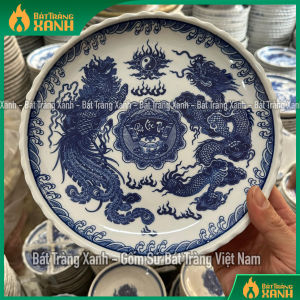 Đĩa đựng trầu cau - Đĩa xin đài âm dương - Đĩa bầy đồ lễ men lam men trắng Bát Tràng hoạ tiết rồng sen