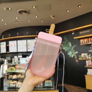 (Cle)Topstudio BabyGo 300ML Cute Water Bottles with Straws Creative Kawaii Popsicle Cups Leakproof Plastic Popsicle Bottles with Shoulder Strap
