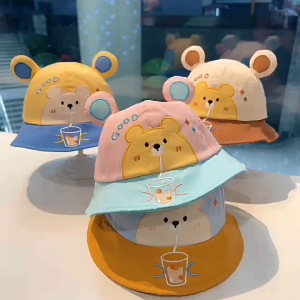 หมวกเด็ก 3เดือน-2ปี รอบหัว:46-48 cm. ปักลายการ์ตูนหมี หมวกบักเก็ต สีทูโทน หมวกเด็กผู้ชาย หมวกเด็กผู้หญิง หมวกแฟชั่นเด็ก Cartoon bear childrens hat【Hippobaby】