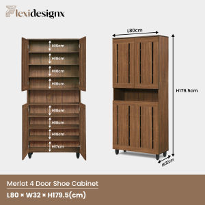 Flexidesignx Merlot Walnut 4-Door Shoe Cabinet with Soft Close Mechanism and Multi-Compartment Storage – 32 Pairs Capacity