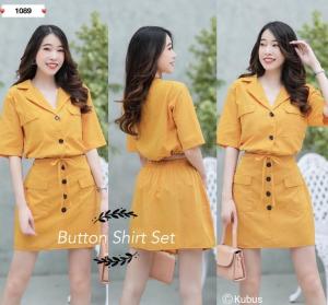 Set 1089-80 Stelan Button Shirt Bahan Katun Rami Realpic LD 98 PJ 43 Rok Pinggang Karet PJ 44 CM