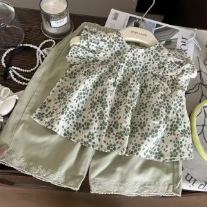 Baby Girl Clothes Set Floral Print Ruffle Sleeveless Blouse Green Wide Leg Pants with Daisy Embroidery Hem 2PCS Summer Casual Outfit for 6 Months-5 Years Old