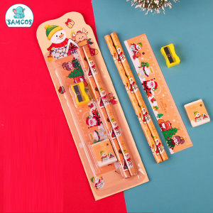 Bộ dụng cụ học tập 4 món noel bút chì thước kẻ gọt bút cục tẩy học sinh Samcos