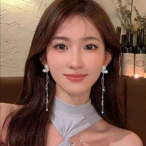 ต่างหูรูปหยดน้ำยาวรูปผีเสื้อนางฟ้าสำหรับผู้หญิงจี้คริสตัลผีเสื้อสีเทอร์ควอยซ์ที่ละเอียดอ่อนเครื่องประดับต่างหูงานแต่งงานของขวัญวันวาเลนไทน์