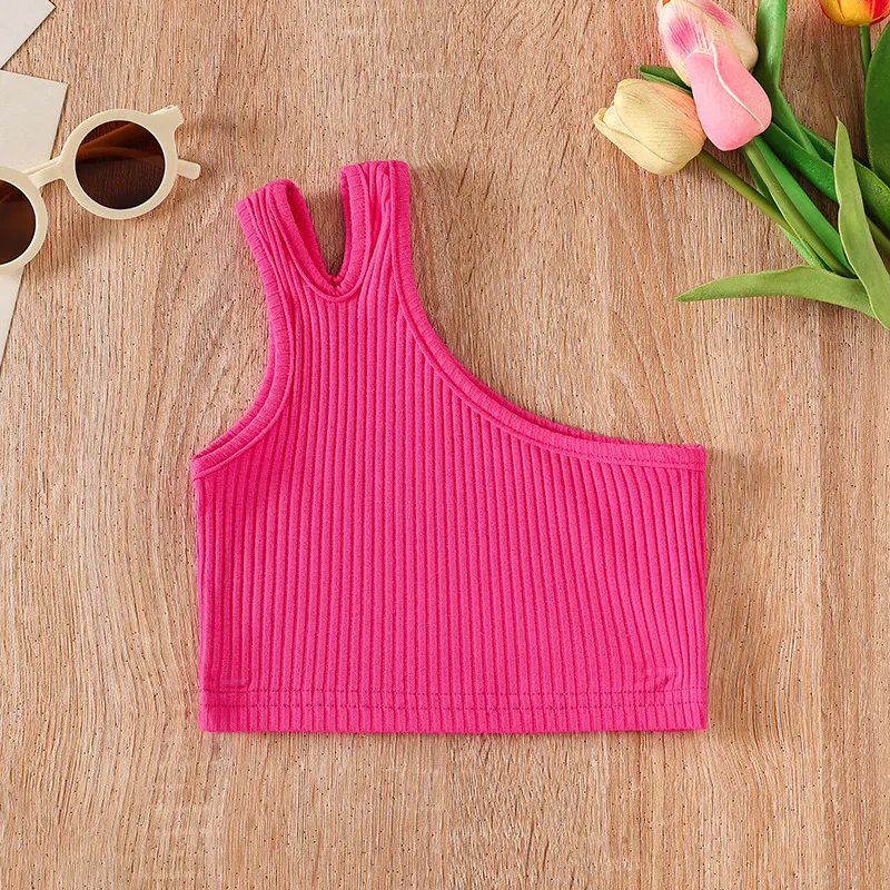 Girl Crop Top One Shoulder Cotton Kids Sleeveless Shirt Summer