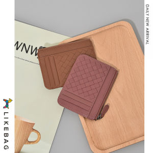 LIKEBAG หนังแกะทอธุรกิจผู้ถือบัตรหนังผู้หญิงบางเฉียบ Doka หนังนุ่มผู้ถือบัตรธุรกิจซิปผู้ถือบัตร