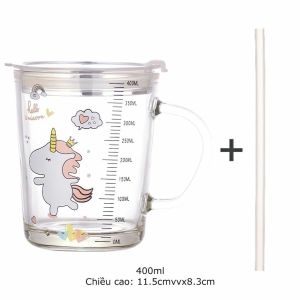 Cốc pha sữa thuỷ tinh chia vạch có nắp và ống hút
