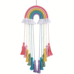 Vibrant Bohemian Rainbow Wall Hanging Handcrafted Macrame Colorful Bow Tassels & PomPoms Wall Decor for Home Room Classroom Dorm or Party