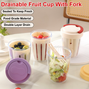 💕Fruit Freedom💕Drainable Fruit Cup with Built-in Fork Separate Design No Odor Portable Fork Office Fitness Picnic Camping Fruit Cup