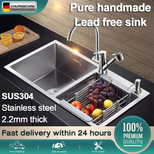 【Ready Stock】CHUANGCHAO kitchen sink stainless complete set，sink stainless for kitchen，80x45x20cm 304 stainless steel 2.2mm thickness high quality high quality kitchen thickened double basin sink 3 sizes available (silver)