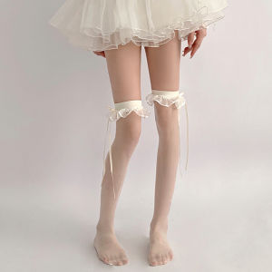 🔥Margotu🔥ถุงน่องลูกไม้ผู้หญิง ถุงน่องสูงถึงเข่าสไตล์นางฟ้า ตกแต่งด้วยริบบิ้นโบว์สีทึบ ถุงเท้า jk น่ารัก