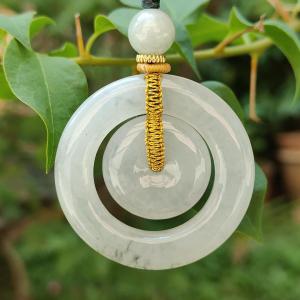 Semi Translucent with mix of Wuji Buckle of mother and child Donut Natural Type A Jadeite Pendant symbols of Peace wishfulness happiness and auspiciousness certificate included weigh 18.72 grams 41.3 * 5.6 mm suitable for daily wear (pendant71)