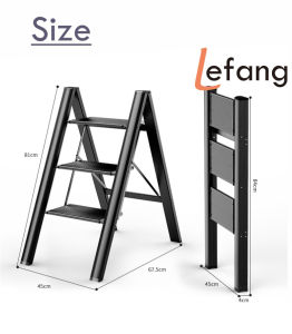 Lefang 3 Steps Ladder Black Aluminum Lightweight Folding with Anti-Slip & Wide Pedal for Home and Kitchen Space Saving