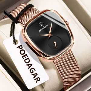 POEDAGAR rosegold watch for women waterproof korean  style milanese steel strap square watch