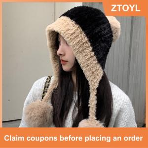 【ZTOYL】 Fluffy Plush Women Beanie Cap Winter Warm Big Pompom Knitted Ear Protection Hat Windproof Snow Ski Female Earmuffs Caps