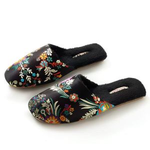 ZEEMIN 2024 New Womens Autumn Winter Embroidered Cotton Slippers Soft Sole Non Slip Plush Warm High Quality Home Silk Slippers