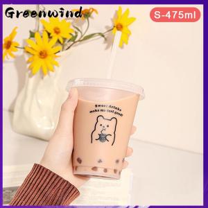 【Greenwind】 Kawaii Water Bottle For Coffee Juice Milk Tea Cute Plastic Cold Cups With Straw Lid Portable Reusable Drinking Bottle BPA Free