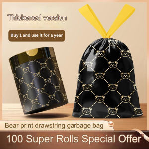 Beg Sampah Haruman Tali Tarik Gulung Besar Corak Beruang Hitam Kalis Bocor Rumah Dapur 100Pcs Black Garbage Bag Disposable Plastic Trash Bag Fragrance Large Roll Drawstring Thickened 垃圾袋香氛型超大卷抽绳加大印花抽绳黑色 H020