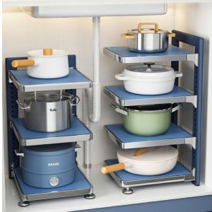 QBHDIA Multi-layer Pot Storage Rack Metal Adjustable Height Pan Rack Holder Under Sink Organizer Heavy Duty Bowl Shelf Household